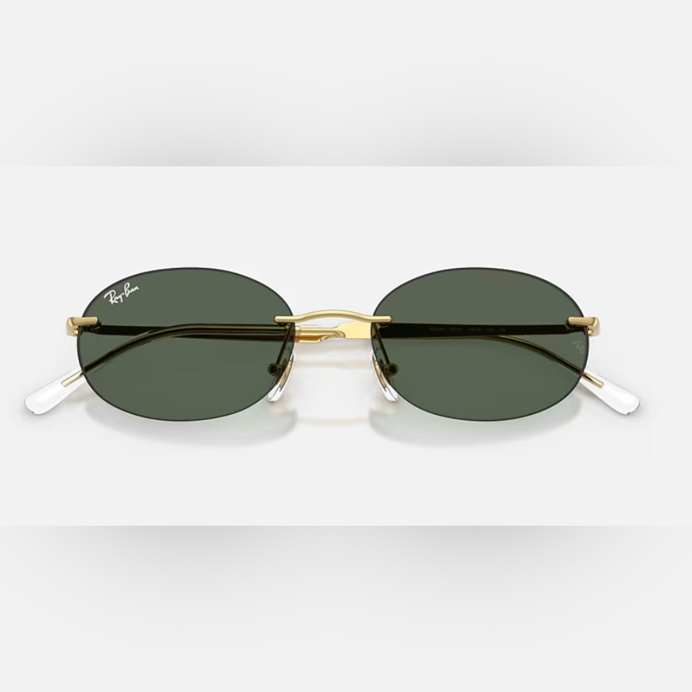 Ray-Ban RB3767 oval rimless sunglasses in Arista Gold with Dark Green Lenses